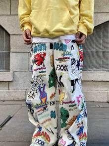 Colorful Graphic Baggy Pants For Men Y2K Retro Wide Leg Casual Joggers Graffiti Streetwear - 白色 - 查看 2