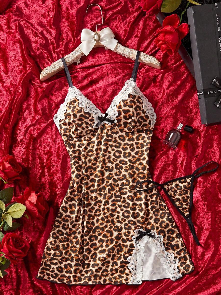 Leopard Print Slip Dress, Women's Lingerie, Side Lace Trim Backless Sexy Underwear Set With G-String, Holiday Gift