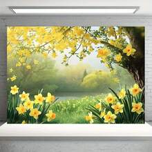 Pancarta de fondo con flores de narciso de primavera, material de poliéster, multiusos, sin necesidad de electricidad, adecuada para bodas, cumpleaños, fiestas de boda, Navidad, Halloween, Pascua, decoración de Acción de Gracias