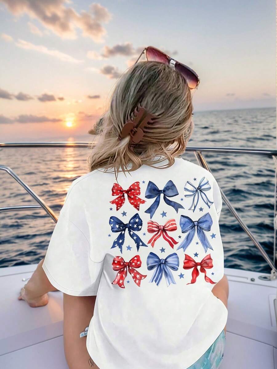 Tween Girls' Casual Bow Print Short Sleeve T-Shirt, Summer - White - View 1
