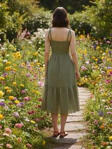 Women's Midi Dress With Tie Straps In Lace. - Olive Green - View 2