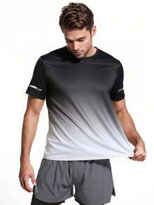 1 件男士春夏运动短袖 T 恤，弹性透气渐变色跑步、训练、健身吸汗上衣 - 灰色 - 查看 2