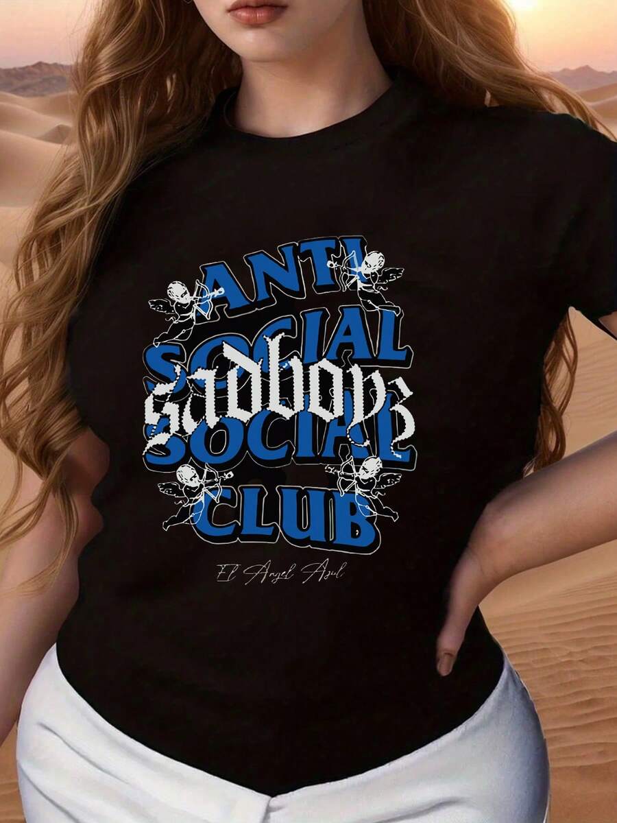 Anti Social Club Angels Graphic Women's Pattern Print TShirt, Casual Street Style Cotton Tee, Great For Everyday Wear,Unique Birthday Gift For Her, Hip Hop Tops Ladies Graphic Tshirts. - 黑色 - 查看 1