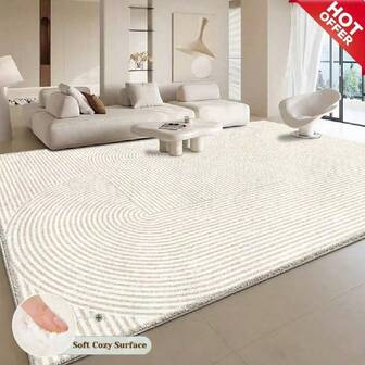 1 pieza Alfombra de área grande de estilo minimalista moderno de alta gama, hecha de tela de terciopelo blanco crema (850g/㎡), versión premium con material grueso de alta densidad. Decorada con un diseño de patrón geométrico personalizado, esta lujosa alfombra puede combinar perfectamente con varios estilos de decoración de sala de estar del hogar.