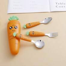 1 Set 304 Stainless Steel Cutlery, Fork And Spoon, Creative Cartoon Carrot Design Tableware - Multicolor - View 5