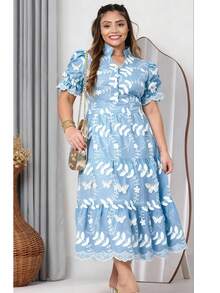 Women's Midi Dress With Embroidered Lace, All-Over Print, Embroidery, Button Detail, Ruffle Detail, Gathered Detail, Suitable For Formal And Evening Wear. - Blue/white 3d - View 2