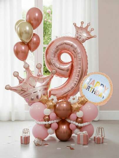 42pcs/Set Rose Gold Birthday Party Decoration Balloon Set, 32" Rose Gold Number 0-9 Birthday Number Balloons, Giant Rose Gold Crown Balloon, Mini Rose Gold Crown Balloons, 18" "Happy Birthday" Round Foil Balloon, 5" Rose Gold Star/Pentagram Balloons, 10" Rose Gold/Pastel Pink/Gold Latex Balloons, Suitable For Birthday, Anniversary, Baby Shower