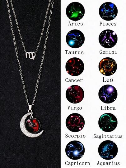 2pcs/Set Glow-In-The-Dark 12 Zodiac Necklace Set, Vintage Moon Pendant Zodiac Card Necklace, Party & Birthday Gift