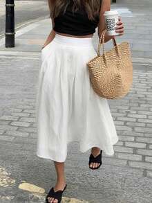 Chân váy nữ màu trơn, thời trang, đa năng, màu trắng, thích hợp cho hẹn hò/dã ngoại, mùa xuân. - trắng - Xem 11