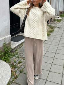 SEREN Autumn And Winter New Round Neck Apricot Women's Sweater Loose Ribbed Twisted Flower Fashion Knitted Sweater Hoodie, Top For Going Out - Apricot - View 3