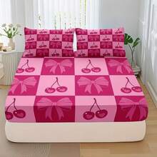 Pink Checkerboard Cherry & Bow Bedding Set (1 Fitted Sheet + 2 Pillowcases) - Cute Aesthetic - Multicolor - View 12