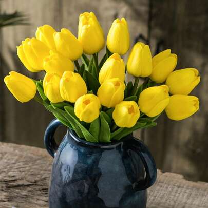 20pcs Artificial Yellow Tulip Flowers, Suitable For Mother's Day Gift, Wedding Decoration, Home Design, Bedroom, Living Room, Birthday Party, Valentine's Day Decoration