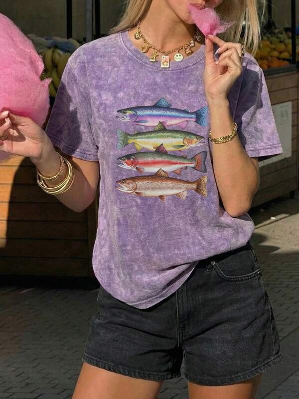 Snowflake Print T-Shirt, Fish Print, Solid Color, No Holidays, Suitable For Home, Everyday Wear, Machine Washable, Short Sleeves, Crew Neck, Loose Fit, Perfect For Vacations, Home, And Daily Wear. Casual Summer