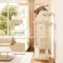 HaluPeit Cat Tree, 153 Cm, Spacious And Stable, With 6 Scratching Posts, 1 Comfortable Large Cat House, 3 Large Platforms, Cat Basket, Pom-Poms, Scratching Board, Beige - Beige - View 3