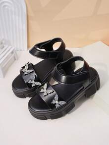 1 Pair Kids Black Rhinestone Butterfly Platform Sandals - Open Toe, Ankle Strap, Non-Slip Chunky Sole, Cool Casual Summer Party/Daily Shoes - Black - View 4