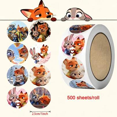 Disney "Zootopia 2" 500pcs/Roll Sticker, Cute Cartoon Characters Nick And Judy Sticker Roll - Decorative Cartoon Tape, Suitable For "Zootopia" Themed Design, Soft Pastel Tones, Great For Crafts, Gift Wrapping, Phone And Mug Decoration, Birthday Themes And DIY Projects, Adorable Waterproof Stickers For DIY Decoration On Notebooks, Phones, Luggage, Laptops, Fridges, Bicycles, Lovely Gift