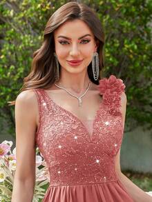 MIUSOL Deep V-Neck Sequin Floral Lace Sleeveless Ruffle Hem Chiffon Cocktail Party Swing Dress - Dusty Pink - View 11