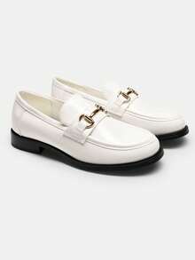 Women Loafers Metal Horsebit Flats Slip On Commuting Dressy Casual Business Work Office Chunky Low Heel Loafers Shoes - 白色 - 查看 9