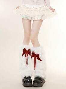 1 双白色毛绒腿套，带 Y2K 风格绒球，保暖腿套，配红色蝴蝶结，日式秋冬风 - 白色 - 查看 7