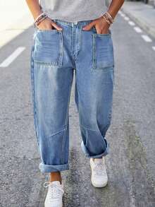 Plus Size Loose Non-Stretch Denim Jeans With Button Decor, Long Denim Pants For Plus Size Casual Spring - Light Wash - View 3