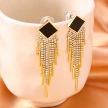 1 Pair Crystal Embellished Long Tassel Earrings, Paired With Delicate Accessory Earrings - Gold - View 2