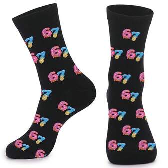 1 Pair Colorful Number 67 Graphic Socks, Retro Chinese Character Style 67 Cartoon Design On Black Background, Unique 67 Hip Hop Birthday Party Funny Gift, Unisex