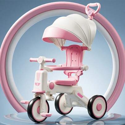 Triciclo para bebés con asa de empuje ajustable para padres, luz musical, toldo plegable, triciclo para niños pequeños de 18 meses a 5 años, niños y niñas