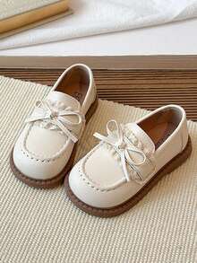 Kids Fashion Flat Shoes, Casual Minimalist Slip-On Girls Leather Loafers - Beige - View 2