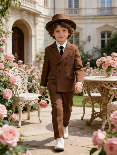 1 Set Boys' Formal Suit: 1 Double-Breasted Blazer Jacket + 1 Pants + 1 Tie, Suitable For Wedding, Performance, Party And Other Formal Occasions