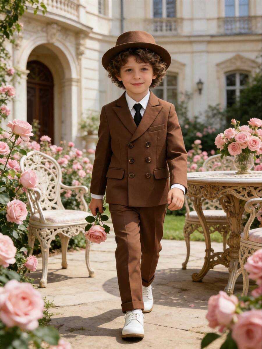 Setelan Jas Pria Tampan untuk Anak Laki-Laki, Blazer Kancing Ganda + Celana + Dasi, 3 Potong, Pakaian Formal untuk Pernikahan, Pertunjukan, dan Pesta Anak Laki-Laki - Coklat - View 1