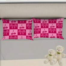 Pink Checkerboard Cherry & Bow Bedding Set (1 Fitted Sheet + 2 Pillowcases) - Cute Aesthetic - Multicolor - View 10