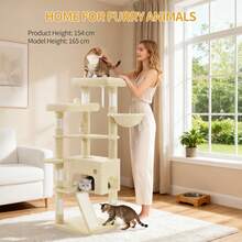 HaluPeit Cat Tree, 153 Cm, Spacious And Stable, With 6 Scratching Posts, 1 Comfortable Large Cat House, 3 Large Platforms, Cat Basket, Pom-Poms, Scratching Board, Beige - Beige - View 2