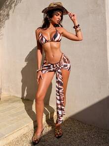 Ensemble de bikini à rayures marron et blanc avec jupe, style élégant pour femmes. Convient pour le printemps, la plage, le bord de mer, les loisirs, les vacances, les moments romantiques. Design mode unique, style décontracté bohème, idéal pour les voyages et les loisirs quotidiens. - Multicolore - Voir 4