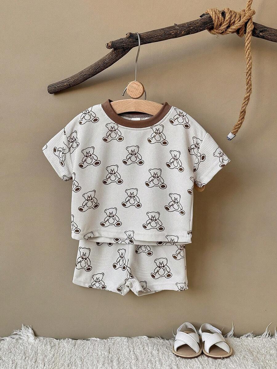 Set de 2 piezas Bebé niño oso impreso camiseta de manga corta de gofre + pantalones cortos, primavera/verano