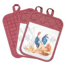 Pot Holders Set Of 3 Silicone Printing Non Slip Heat Resistant, Yarm-Dyed Hot Pads Cotton Home Kitchen CooFKing Barbecue Microwave Women Men Machine Washable BBQ Grilling. (Red Potholders),Red5 - 紅5 - 查看 1