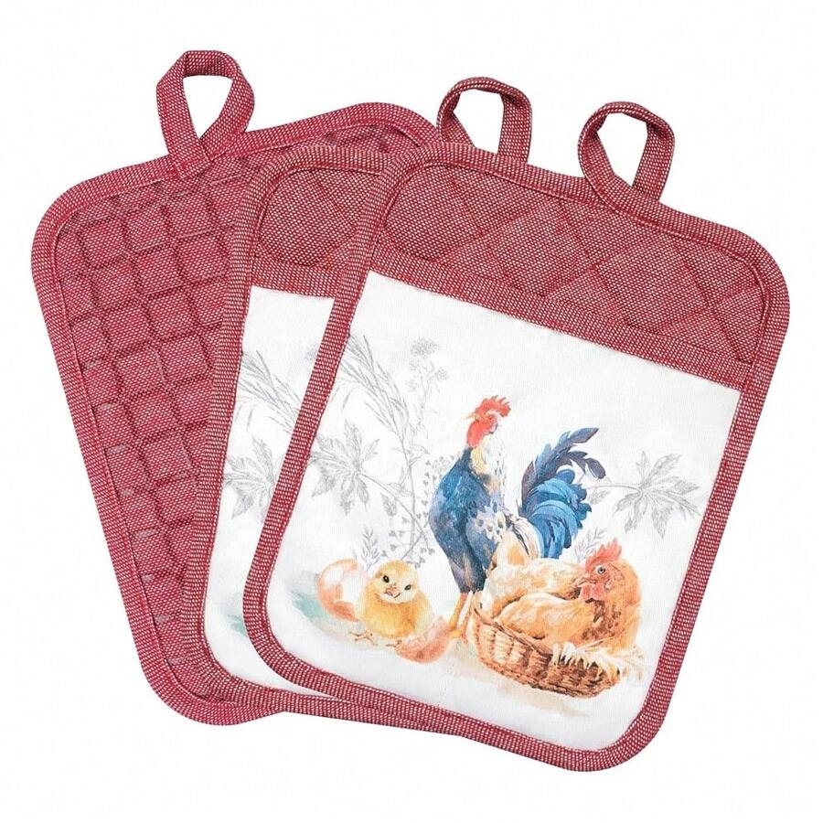 Pot Holders Set Of 3 Silicone Printing Non Slip Heat Resistant, Yarm-Dyed Hot Pads Cotton Home Kitchen CooFKing Barbecue Microwave Women Men Machine Washable BBQ Grilling. (Red Potholders),Red5 - 紅5 - 查看 1