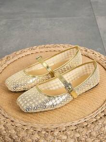 Plus Size Hollow Mesh Shoes, 2026 New Summer Sequin Glitter Strap Buckle Fashion Party & Daily Wear Gold Square Toe Flat Mary Jane Shoes
