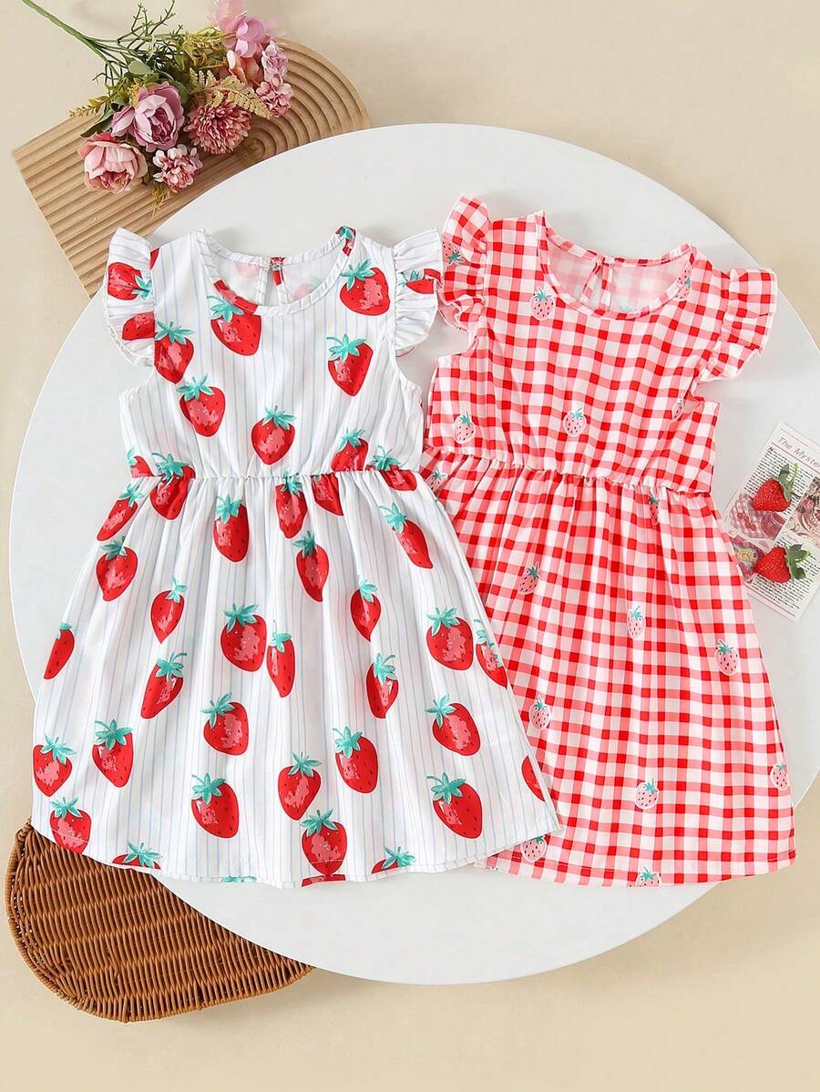 2 Stück Mädchen Rüschen Dekor süßes Erdbeermuster gestreift + Erdbeerkaro Kleid Set, niedliches lässiges Sommeroutfit für Mädchen - Verschiedenfarbig - Übersicht 1