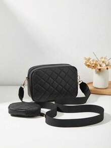 2pcs Small Square Shoulder Bag, Quilted Diamond Pattern Crossbody Bag, Coin Purse - Black - View 4