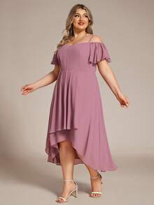 EVERPRETTY Elegant Women's Mid-Length Chiffon Bridesmaid Dress, Spaghetti Strap Cold-Shoulder Ruffle Sleeve Design, Perfect For Weddings And Formal Occasions - Dusty Pink - View 3