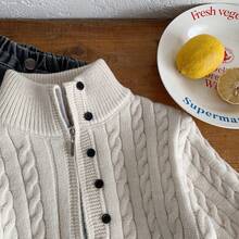 2-5岁男童高领拉链毛衣，时尚绞花针织套头衫，冬季必备 - 米色 - 查看 3