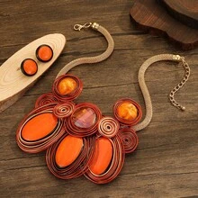 Exaggerated Multi-Layer Handmade Aluminum Wire Woven Resin Chain Bohemian European And American Middle Eastern European Korean Version Evening Party Holiday Women's Fashion Beautiful Retro Teardrop Necklace Earrings - Orange - View 5