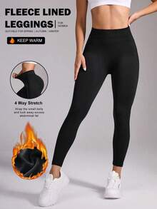 1 Pc Ladies Black Warm Leggings, High Waist And Abdomen, Elastic And Slim - Black - View 11