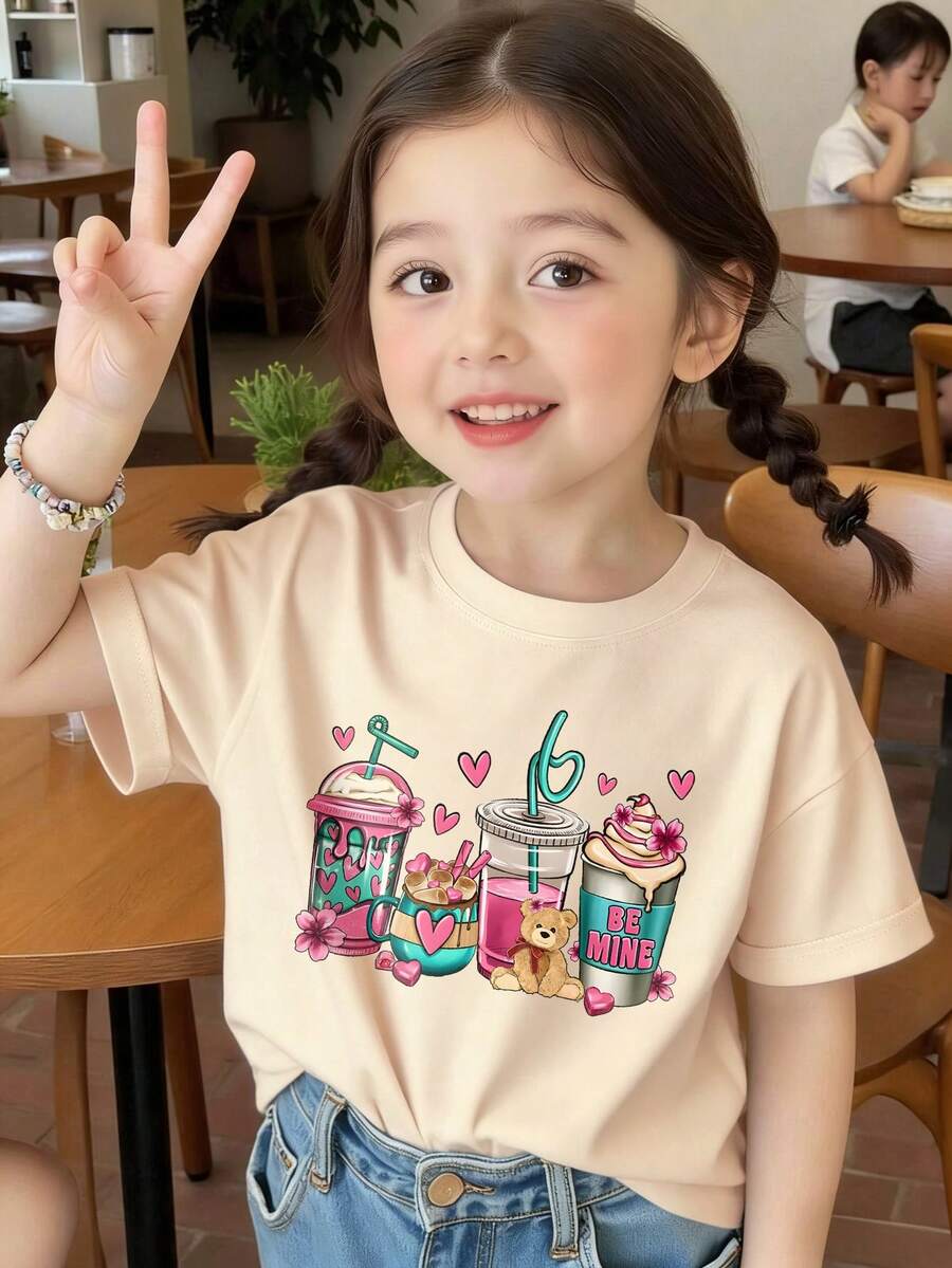 女童牛仔蝴蝶结印花T恤,撞色领上衣,春夏休闲装 - 杏色 - 查看 1