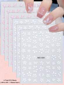 3/6片装 5D 仿珍珠花朵美甲贴纸，白色、粉色、蓝色浮雕花卉美甲贴花，适合 DIY 美甲美甲用品 - 彩色 - 查看 15