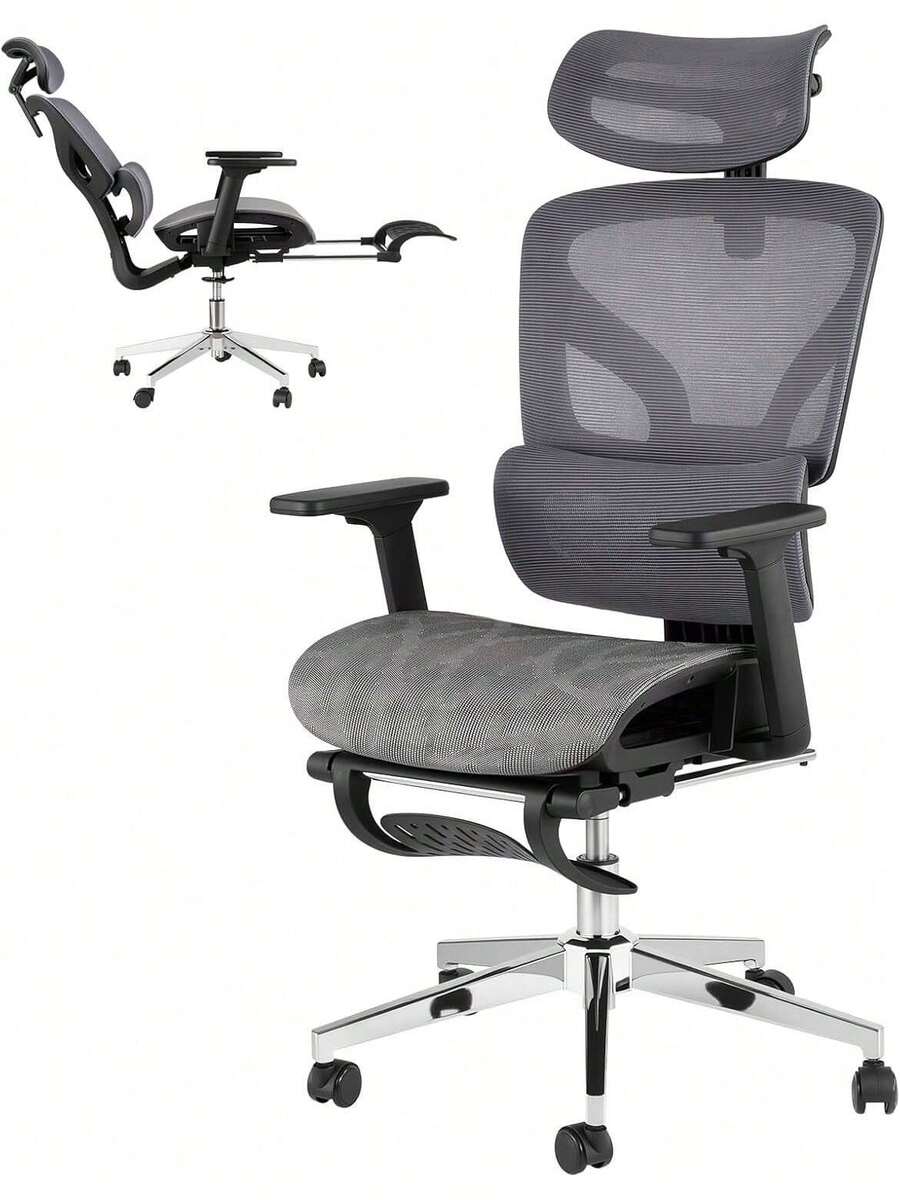 Silla de oficina ergonómica con espalda y reposapiés de malla transpirables, soporte de espalda alta, reposabrazos ajustables en 3D y ruedas rodantes lisas - Silla de escritorio cómoda para trabajar, estudiar o jugar - Gris - Ver 1