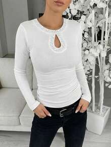 ChicMe Women's Fitted Ribbed Top With Rhinestone Decor, Long Sleeve Keyhole Teardrop Neck, Fashionable Layering Shirt, Suitable For Party And Nightclub Wear Casual Spring White - White - View 4