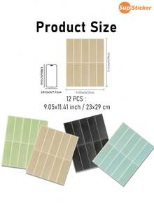 SUPSTICKER 9.05x11.41英寸，简约几何图案仿瓷砖墙贴，12片PVC自粘墙贴，易撕易贴，防水、防油、防污且易于清洁，适用于厨房、浴室、盥洗台防溅板、家具表面和家居装饰。 - 彩色 - 查看 5