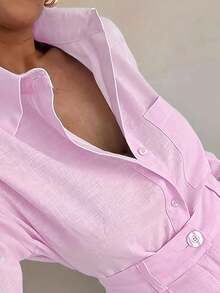 Bộ đồ thể thao thời trang công sở gồm áo sơ mi dài tay ôm dáng và quần short ống đứng, màu hồng nhạt, thích hợp cho mùa xuân. - Hồng - Xem 2