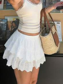 White Hollow Embroidered Ruffle Hem Mini Skirt | Elastic Waist Sweet Girl Skirt Suitable For Dates And Daily Wear - White - View 6